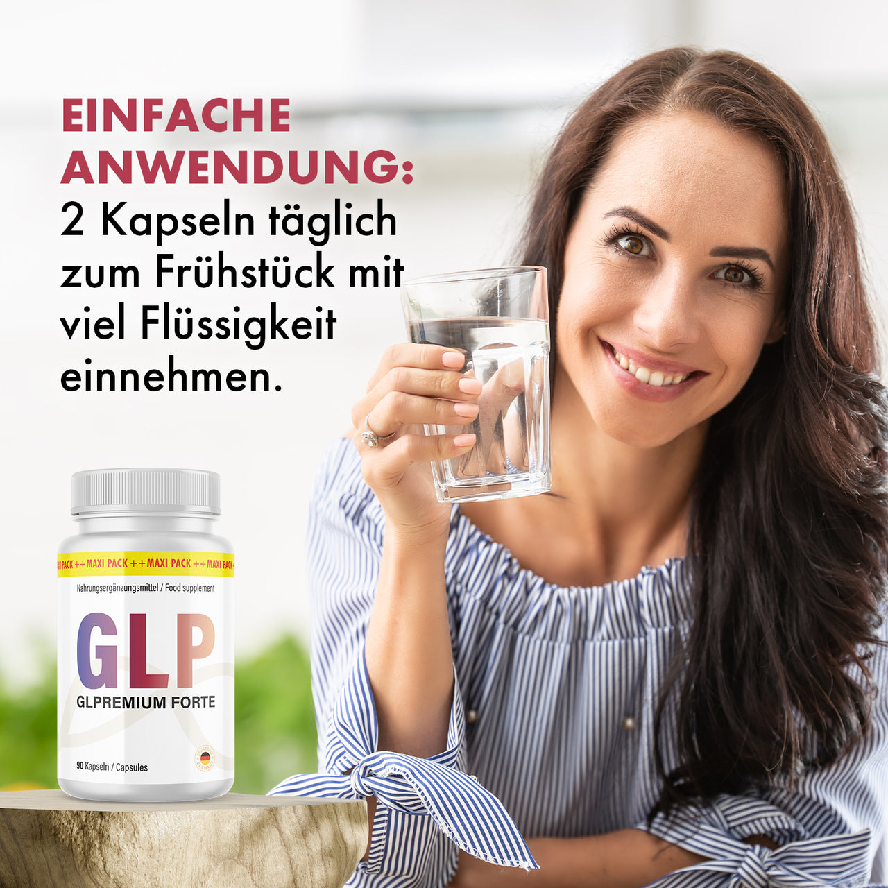 Frau hält Wasserglas neben Glpremium Forte Dose mit 90 Kapseln und sichtbarem Einnahmehinweis