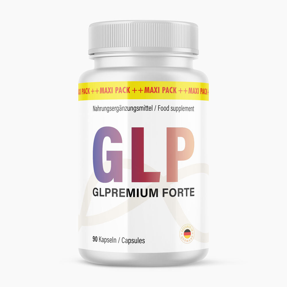Weiße Dose Glpremium Forte mit 90 Kapseln und großem Schriftzug auf hellem Etikett vorn