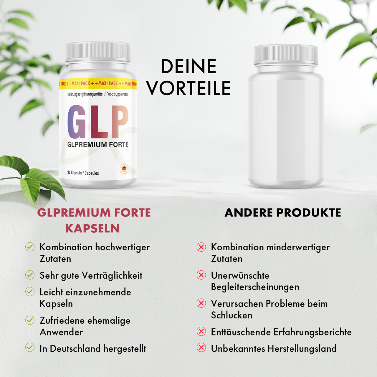Vergleichsgrafik mit Glpremium Forte Dose, anderer Dose, Vorteilslisten und Bewertungssymbolen