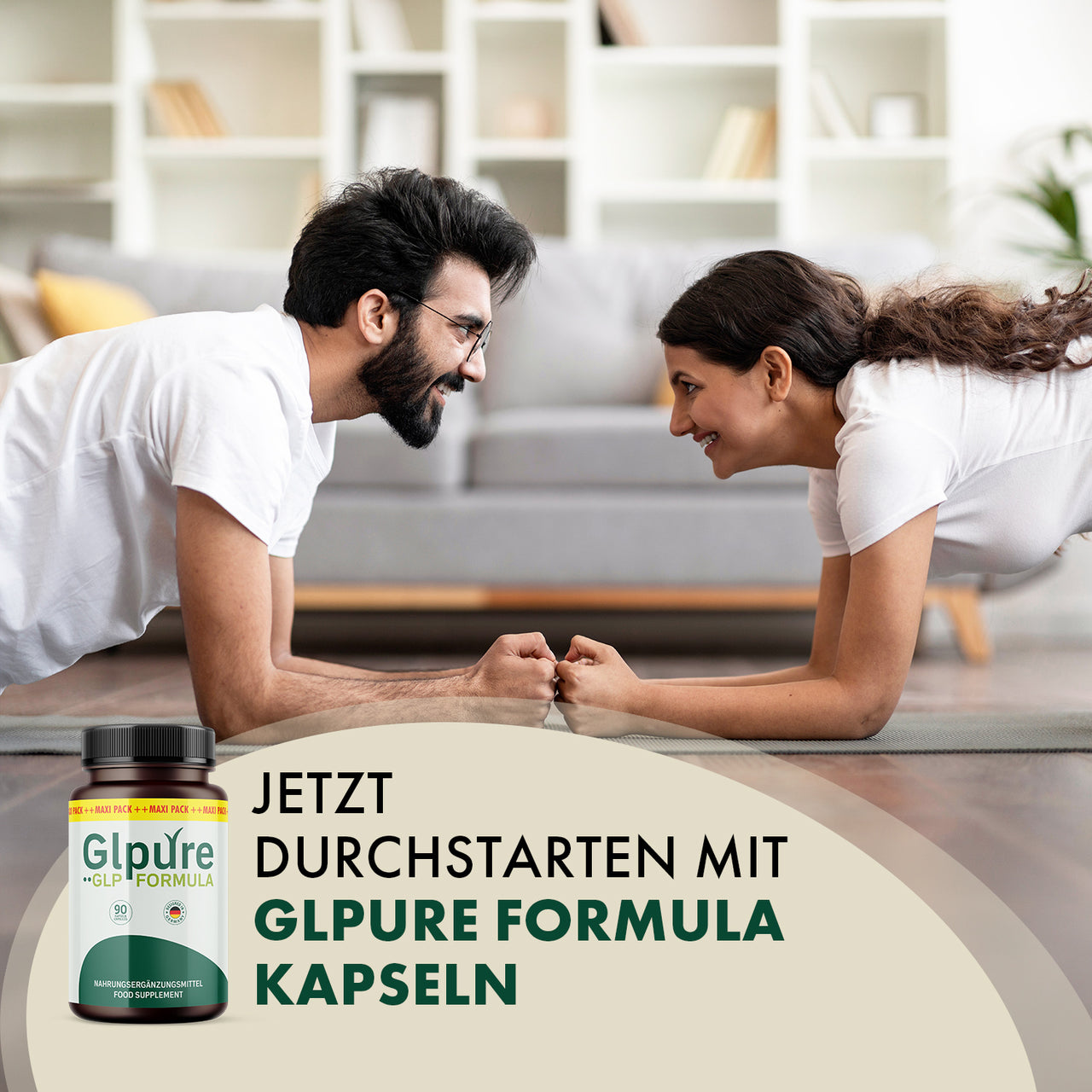 Glpure Formula Kapseln als Produktgrafik vor trainierendem Paar mit Text zum Durchstarten