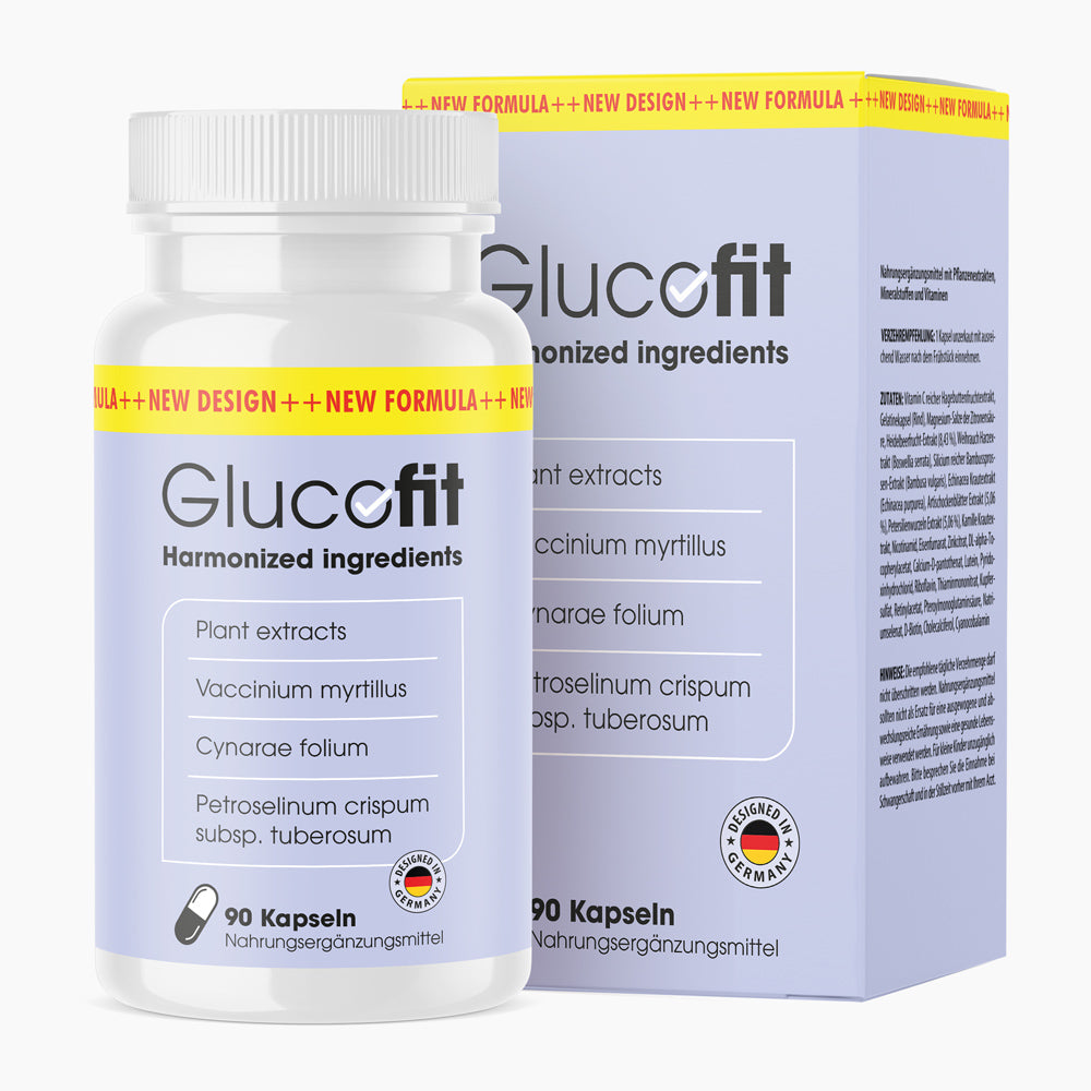 Glucofit Kapseln, 90 Stück, Produktabbildung mit Inhaltsstoffen und Umverpackung