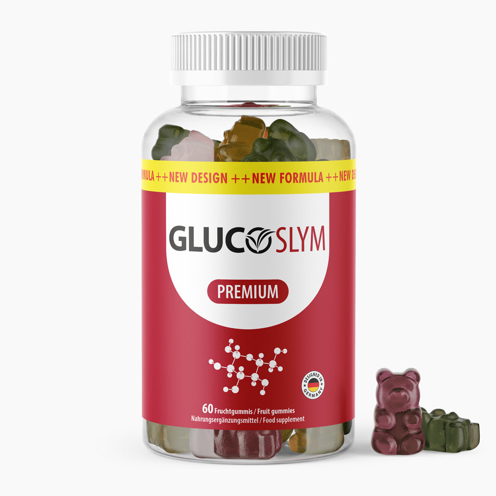 Dose mit Aufdruck Glucoslym Premium mit 60 Fruchtgummis und daneben liegenden Fruchtbärchen