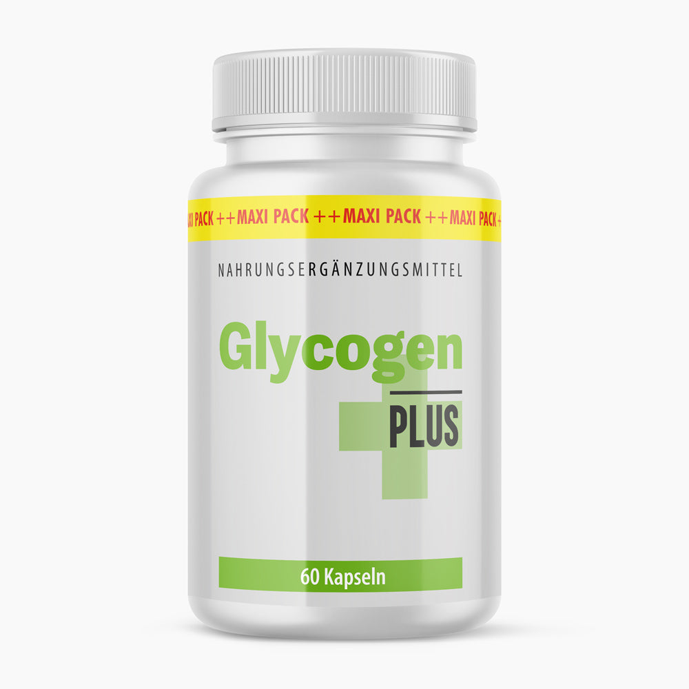 Weiße Kunststoffdose mit grünem Kreuz und Aufdruck Glycogen Plus, 60 Kapseln