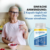 Thumbnail for Glycotril Premium Kapseln neben älterer Frau mit Wasserglas und Hinweis zu 2 Kapseln täglich
