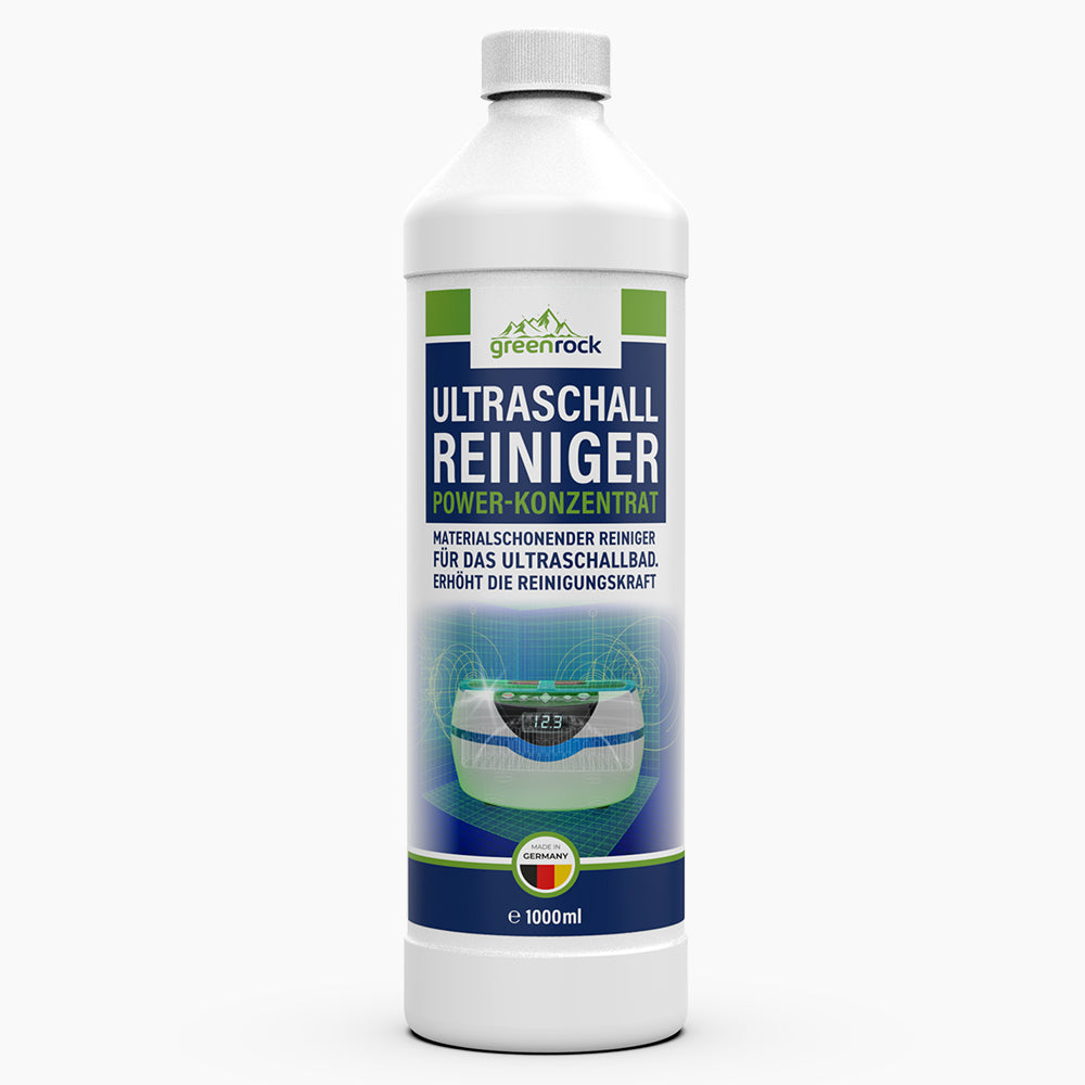 Weiße Flasche mit blau-grünem Etikett Greenrock Ultraschallreiniger Power-Konzentrat 1000 ml