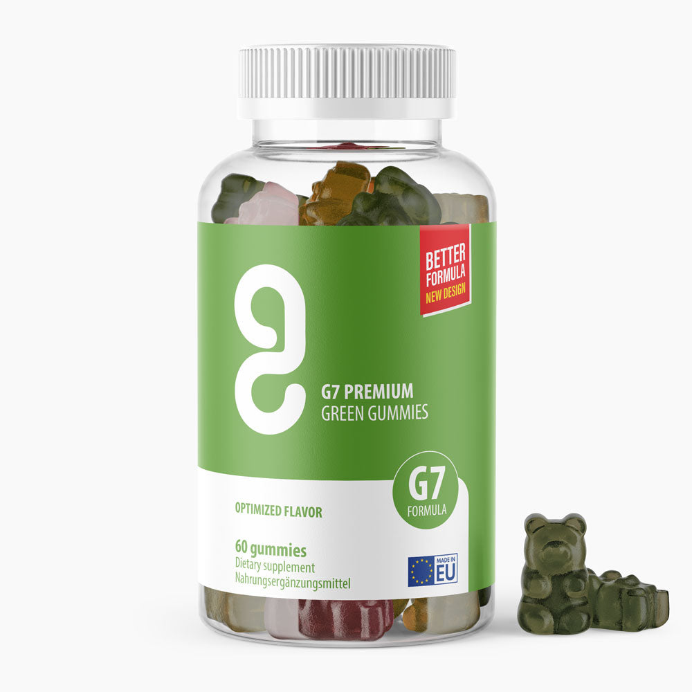 Kunststoffdose mit grünem Etikett G7 Premium Green Gummies, 60 Fruchtgummis und sichtbaren Gummibärchen daneben