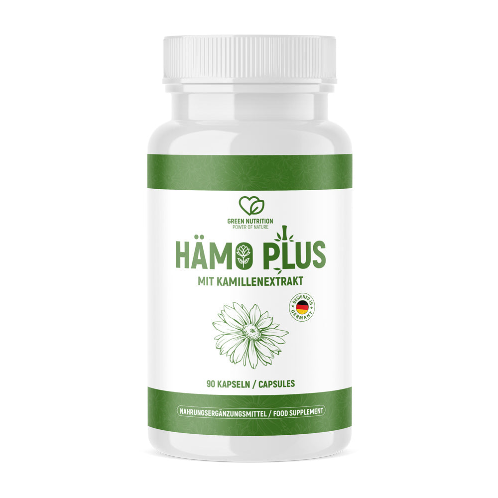 Weiße Dose Green Nutrition Hämo Plus mit Kamillenextrakt 90 Kapseln grün-weißes Etikett