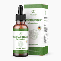 Thumbnail for Braune Flasche mit Pipette und Etikett IGELSTACHELBART vor weiß-grün gestalteter Verpackung