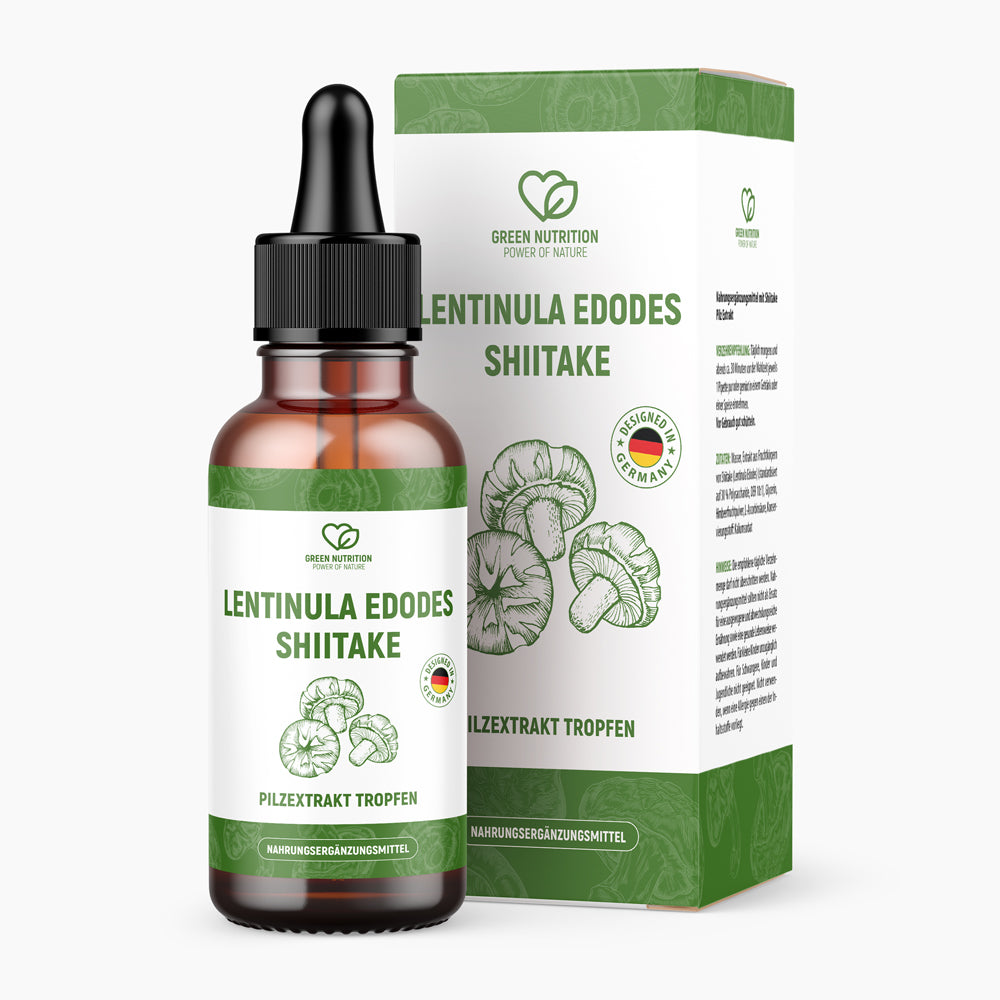 Braune Flasche mit Pipette und Etikett LENTINULA EDODES SHIITAKE vor grün-weißer Verpackung