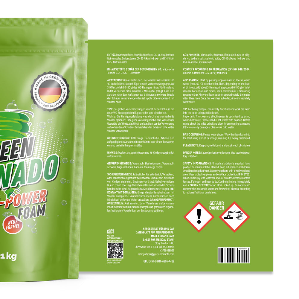 Rückseite der Green Tornado Active-Power Foam Verpackung mit Sicherheitshinweisen Text und Gefahrensymbolen