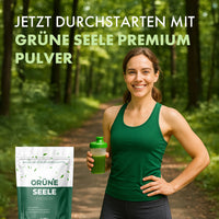 Thumbnail for Grüne Seele Premium Pulver mit Frau im Wald, grünem Shake und Produktbeutel zum Durchstarten