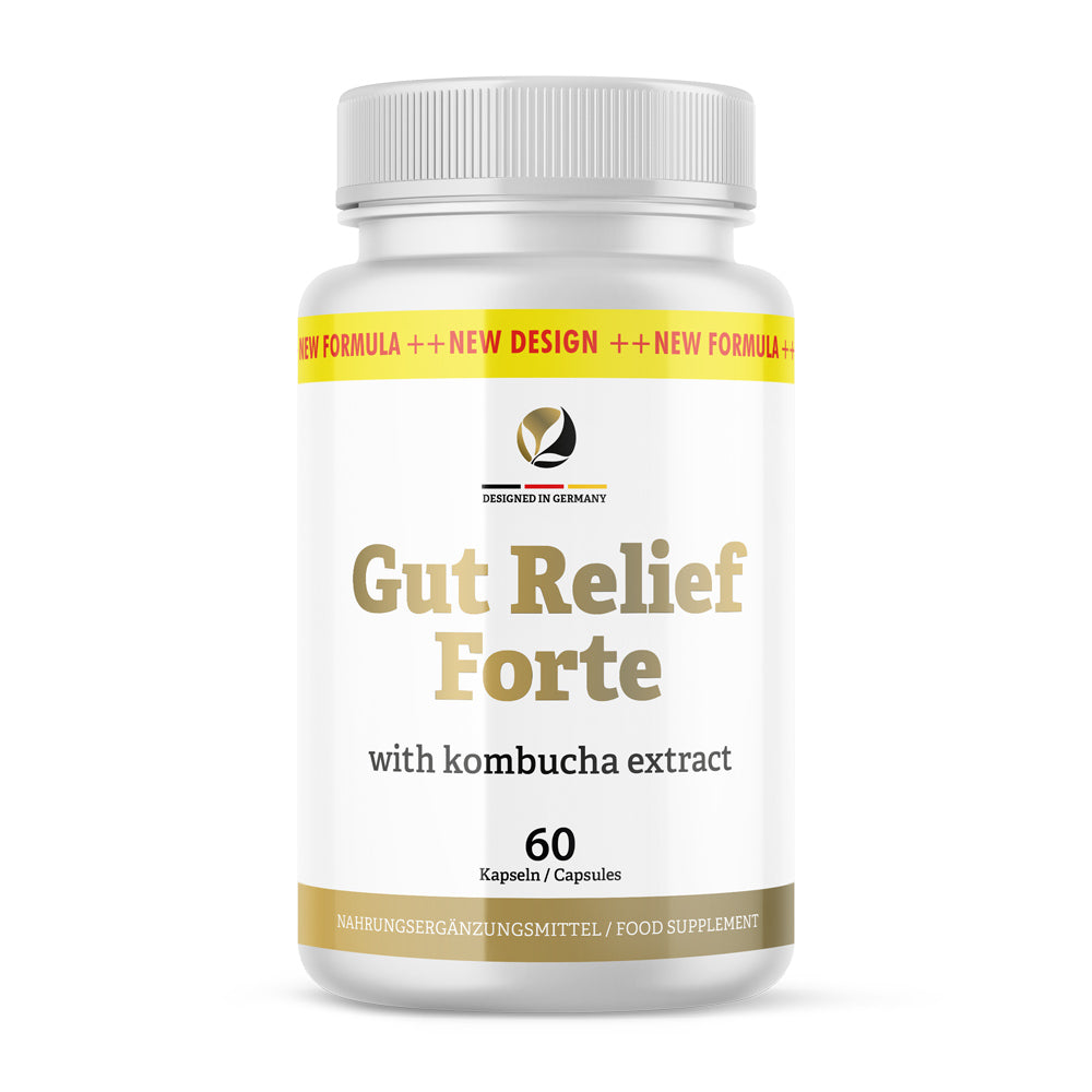 Dose Gut Relief Forte im neuen Design und neuer Formel mit 60 Kapseln, unter anderem mit Kombucha Extrakt