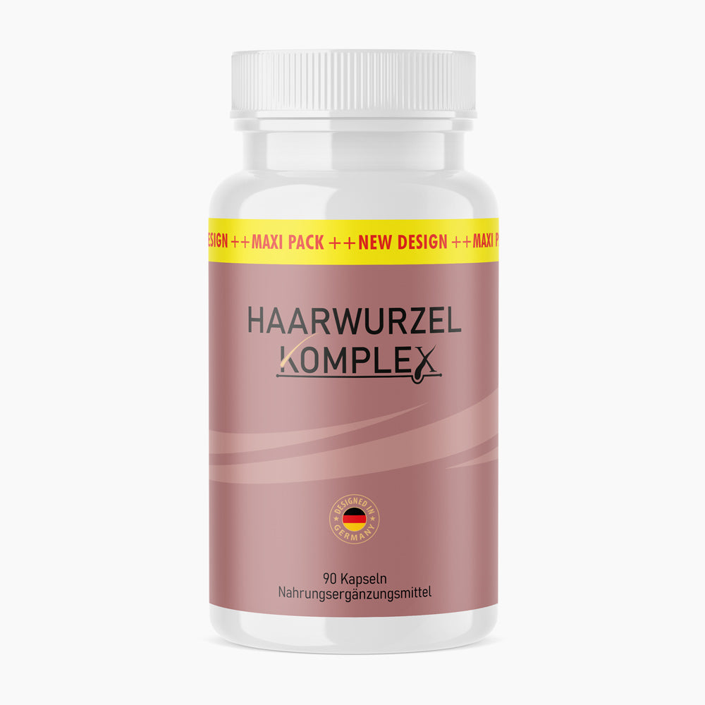 Weiße Dose Haarwurzel Komplex, rosa Etikett mit Siegel Designed in Germany und Angabe 90 Kapseln