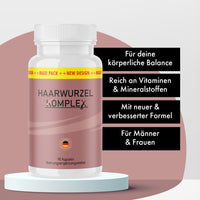 Thumbnail for Dose Haarwurzel Komplex mit rosa Etikett, auf Podest mit vier schwarzen Infokästen zu Produktmerkmalen