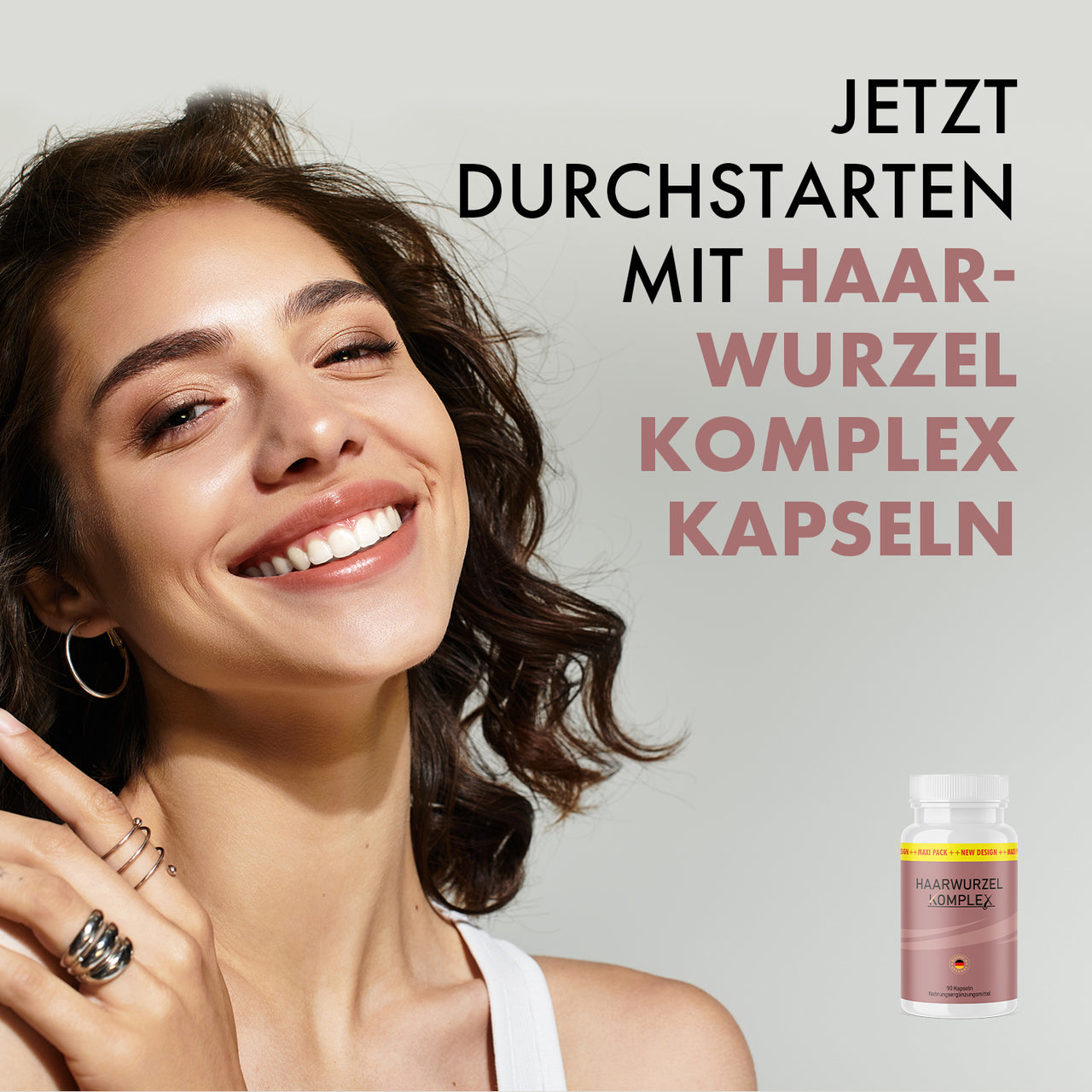 Lächelnde Frau neben Text zu Haarwurzel Komplex Kapseln und kleiner Produktdose rechts unten