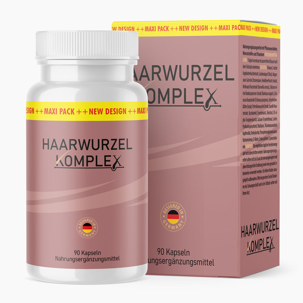 Haarwurzel Komplex Dose und rosa Packung mit gelbem New-Design-Streifen und Angabe 90 Kapseln