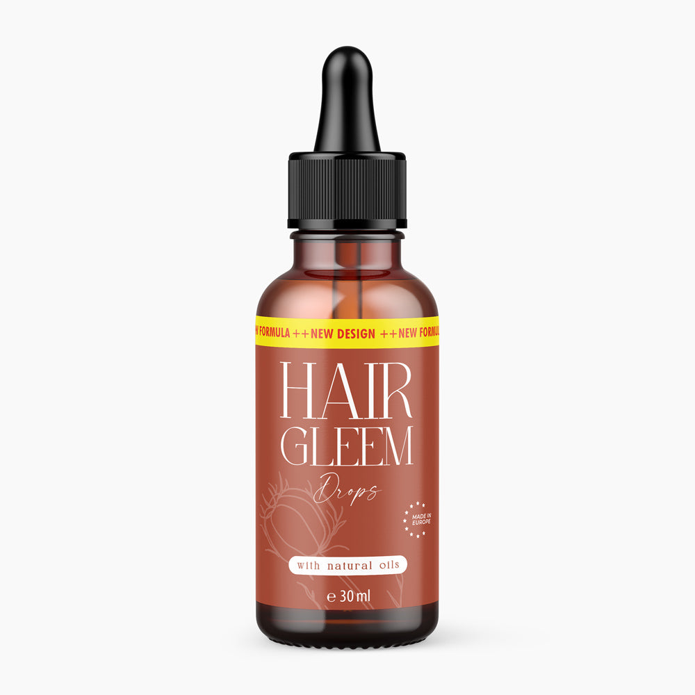 Braune Flasche mit schwarzer Pipette und Schrift Hair Gleem Drops with natural oils, 30 ml