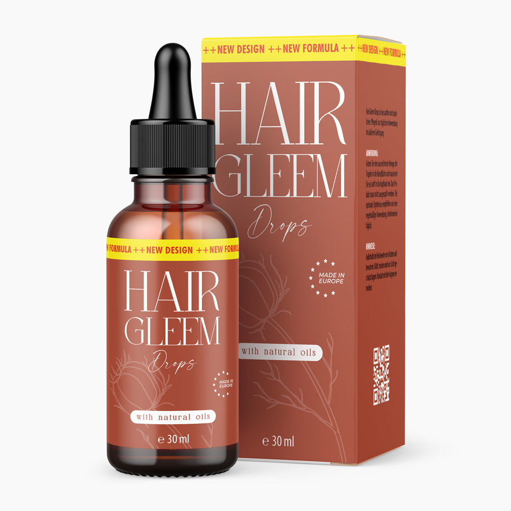 Braune Flasche mit Pipette und Schrift Hair Gleem Drops, 30 ml vor passender Faltschachtel