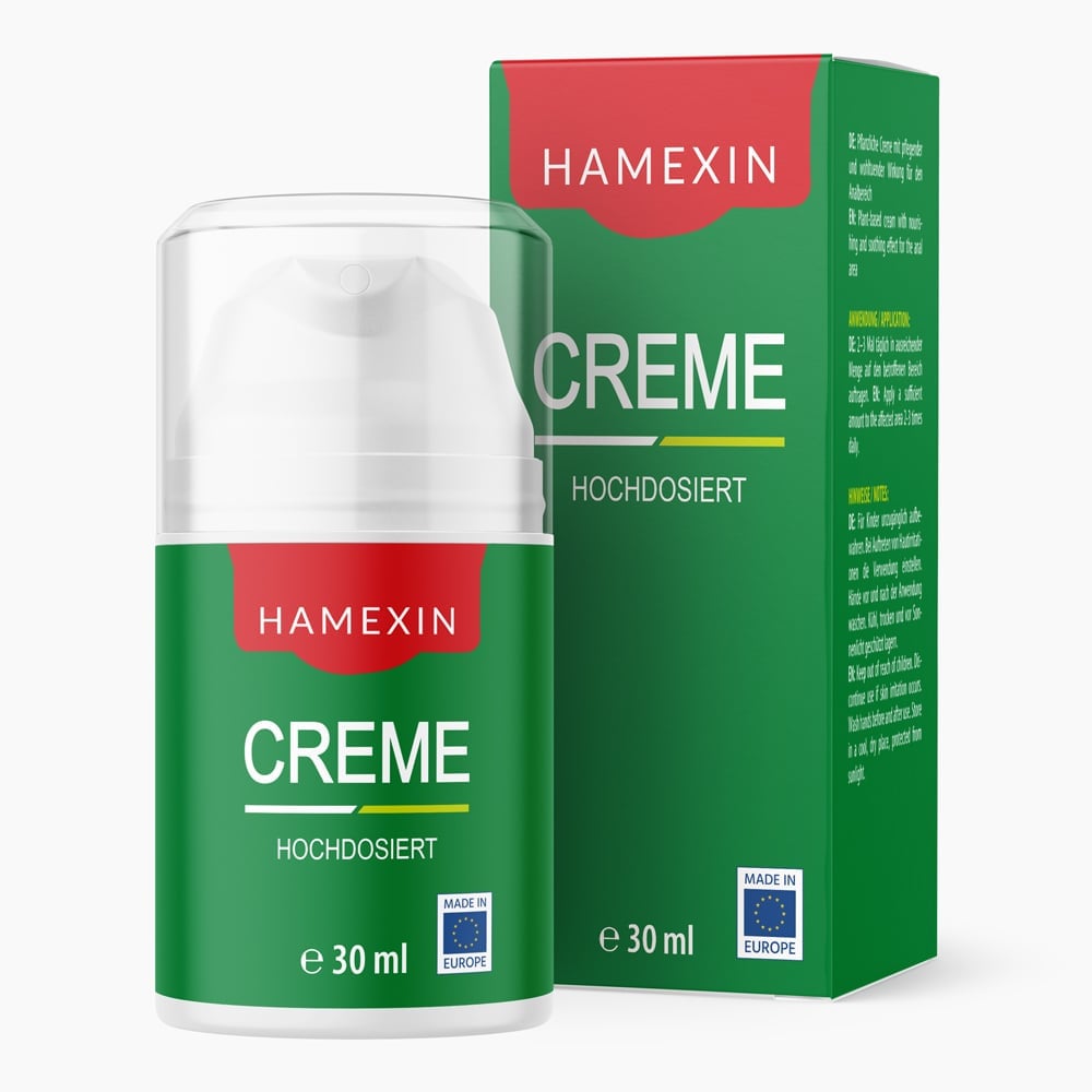 Verpackung und Pumpspender der Hamexin Creme hochdosiert in Grün mit EU-Herkunftshinweis