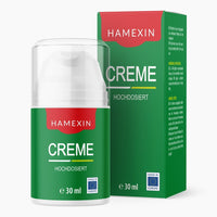 Thumbnail for Verpackung und Pumpspender der Hamexin Creme hochdosiert in Grün mit EU-Herkunftshinweis