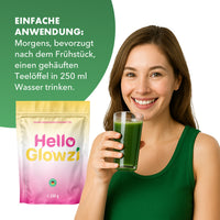 Thumbnail for Hello Glowzi Beutel neben Frau mit grünem Getränk und Hinweis zur einfachen Anwendung morgens
