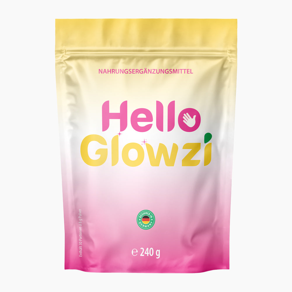 Hello Glowzi Nahrungsergänzungsmittel im gelb-pinken Standbeutel mit 240 g Inhalt