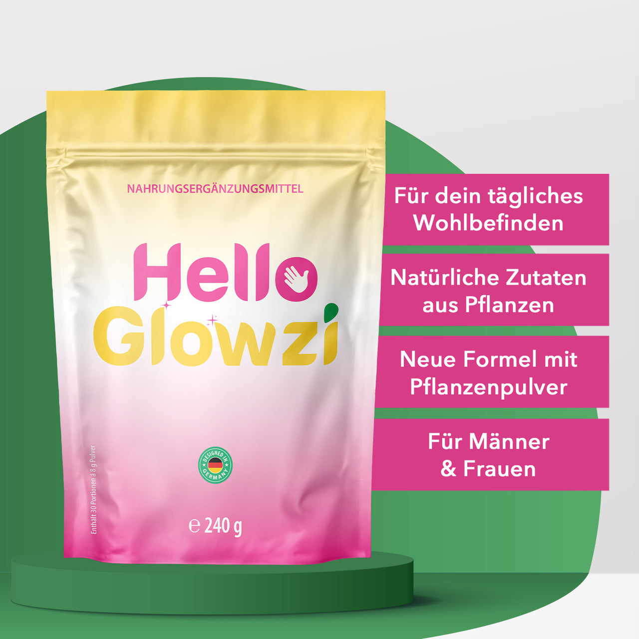 Hello Glowzi Beutel steht auf grünem Sockel mit Infopunkten zu Zutaten, Formel und Zielgruppe