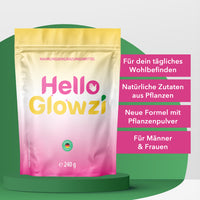 Thumbnail for Hello Glowzi Beutel steht auf grünem Sockel mit Infopunkten zu Zutaten, Formel und Zielgruppe
