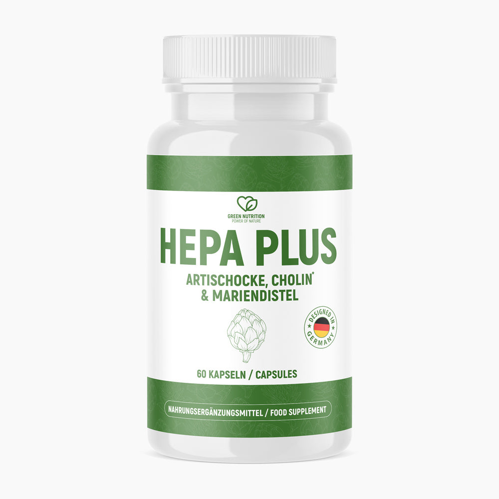 Weiße Kunststoffdose mit grüner Schrift HEPA PLUS mit 60 Kapseln und Artischocke Cholin Mariendistel