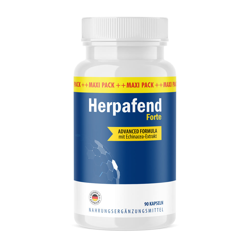 Weiße Dose Herpafend Forte mit blauem Etikett und Advanced-Formula-Echinacea-Aufdruck, 90 Kapseln