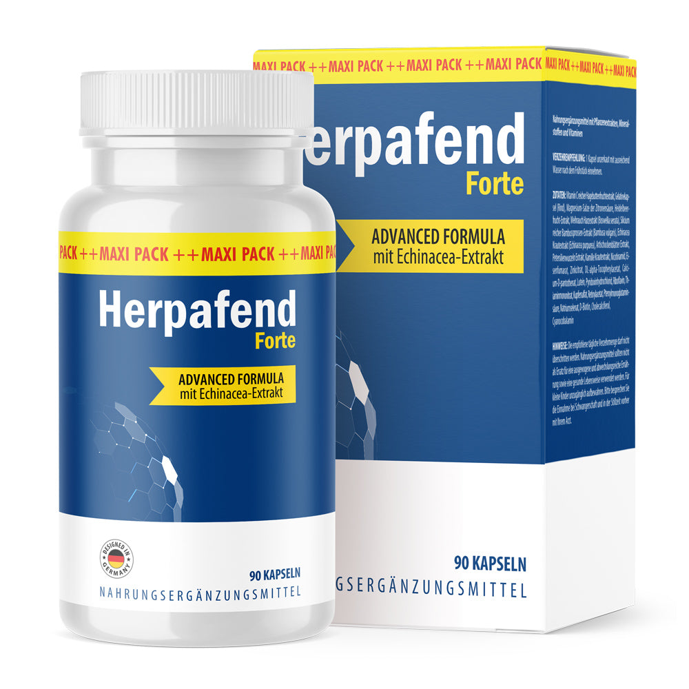Dose und Packung Herpafend Forte mit Aufdruck Advanced Formula mit Echinacea-Extrakt, 90 Kapseln