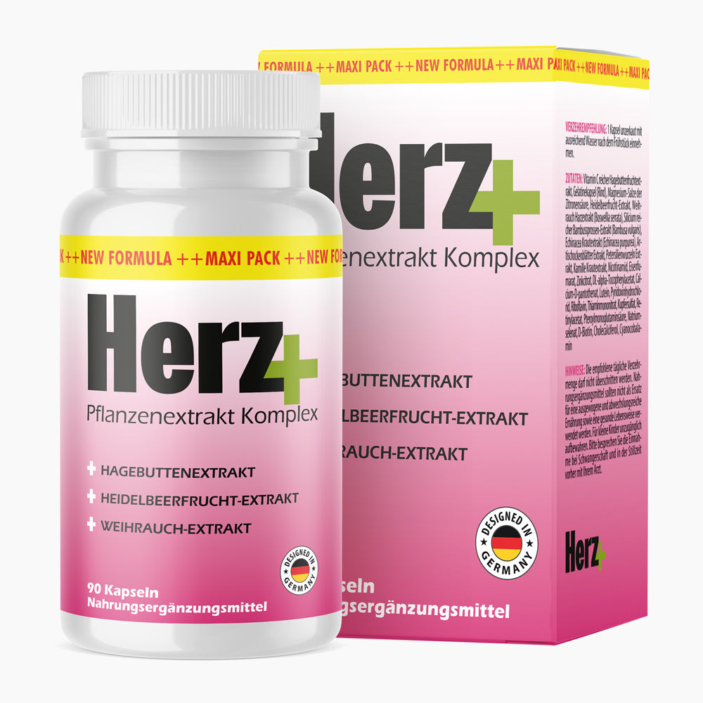 Dose Herz Plus mit pinkem Farbverlauf und Schrift Pflanzenextrakt Komplex, 90 Kapseln vor Faltschachtel