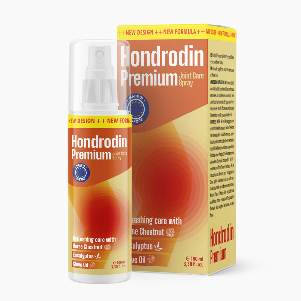 Hondrodin Premium Gelenkpflegespray vor passender Verpackung mit roten Kreisgrafiken mit 100 ml