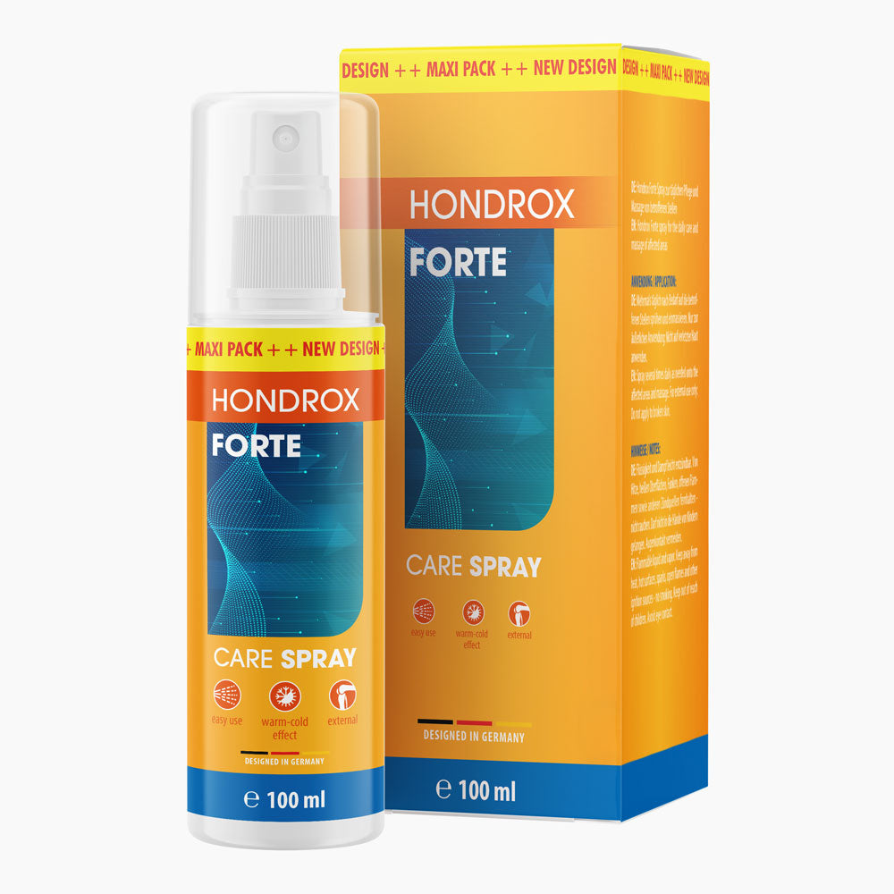 Sprühflasche mit Etikett Hondrox Forte Care Spray, 100 ml, vor passender orange-blauer Faltschachtel