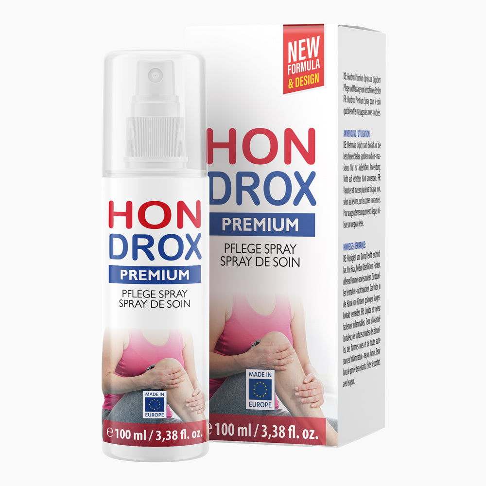 Sprühflasche mit Aufschrift Hondrox Premium Pflege Spray 100 ml vor passender Faltschachtel