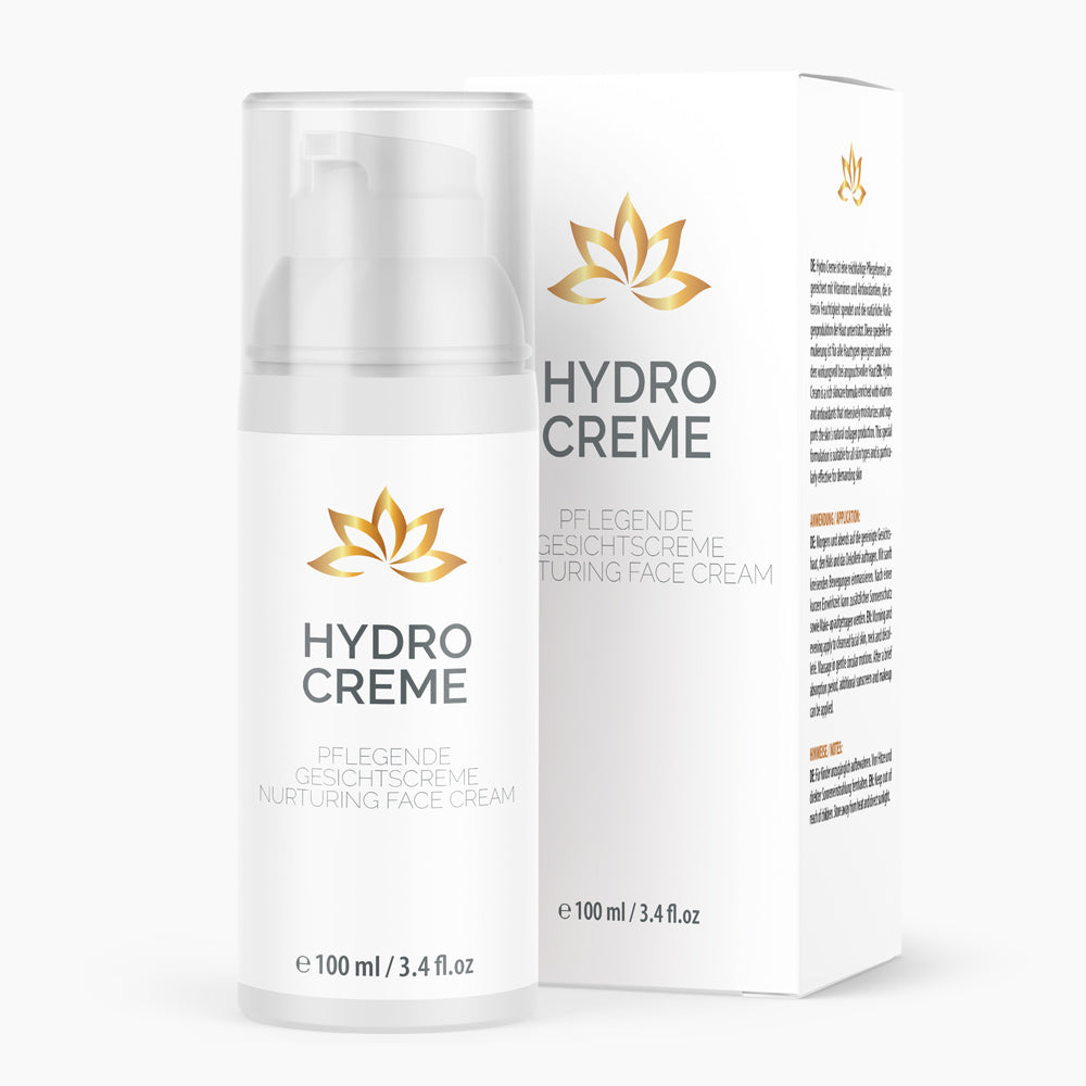 Flasche mit Pumpspender und goldenem Symbol Hydro Creme 100 ml vor passender Faltschachtel