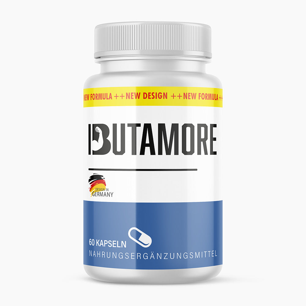 Weiße Kunststoffdose mit blauem Etikett und Schrift Ibutamore, 60 Kapseln