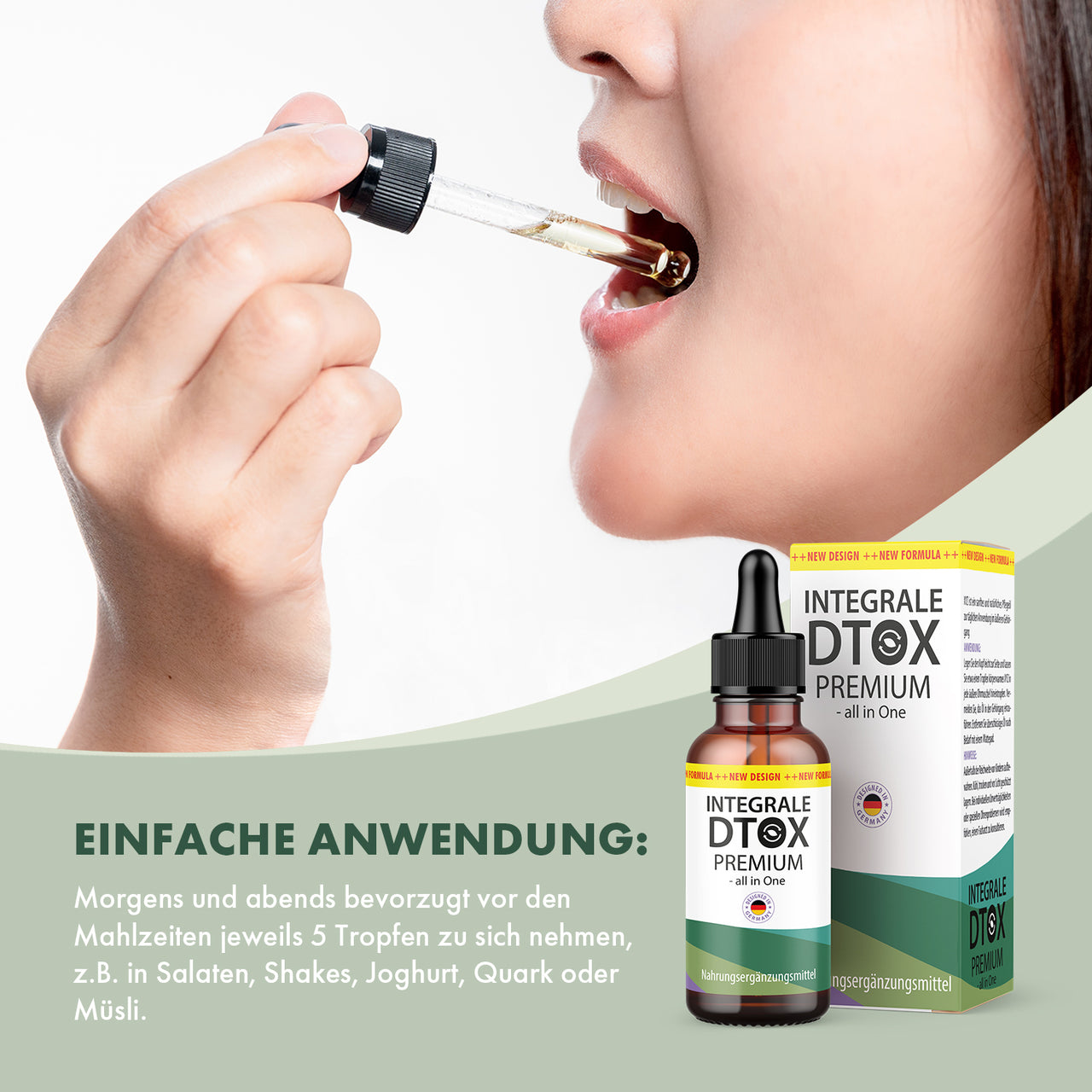Integrale DTOX Premium Pipettenflasche mit Verpackung und Anwendungshinweis auf grünem Feld