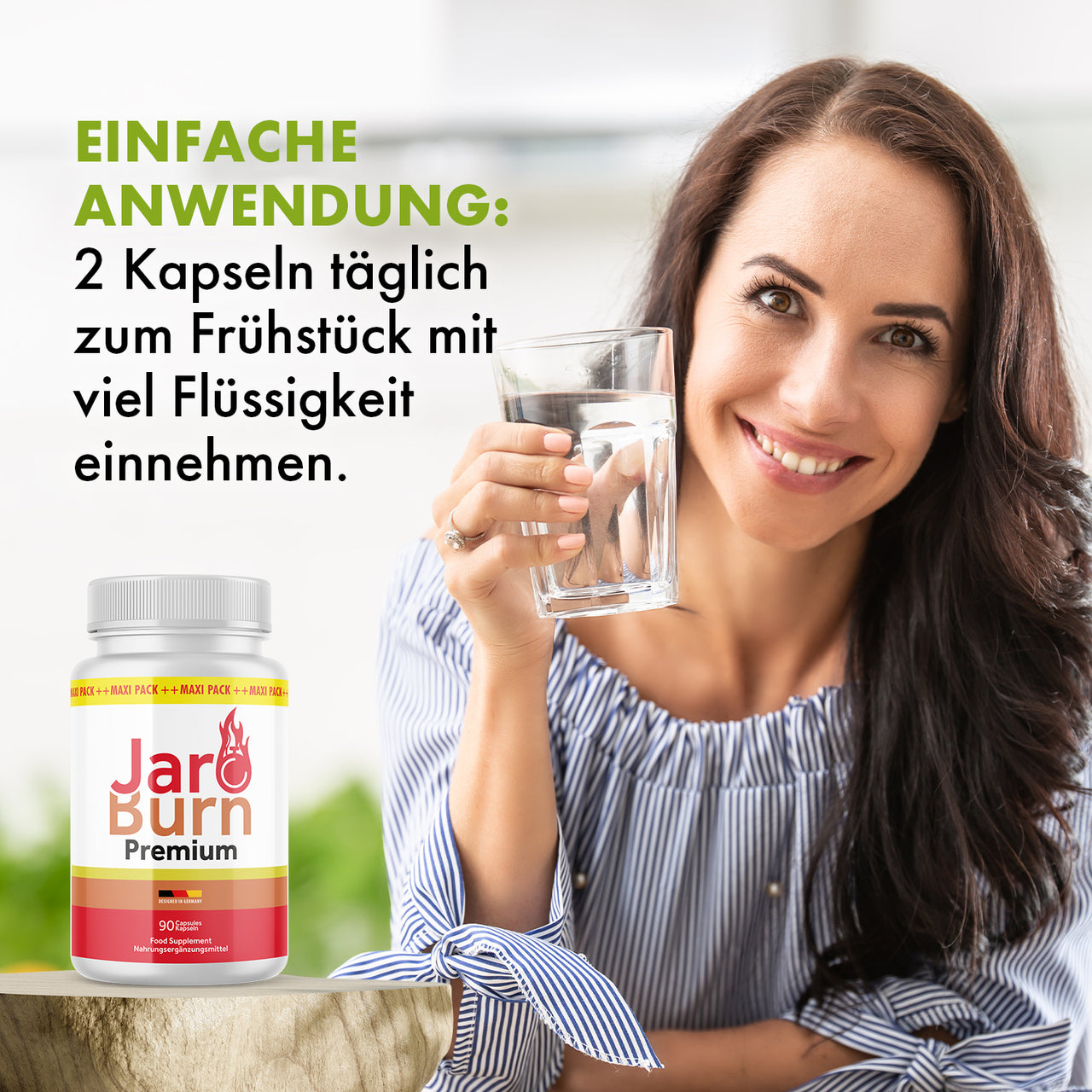 Frau mit Wasserglas neben Jaro Burn Premium und sichtbarem Einnahmehinweis für 2 Kapseln täglich