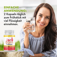 Thumbnail for Frau mit Wasserglas neben Jaro Burn Premium und sichtbarem Einnahmehinweis für 2 Kapseln täglich