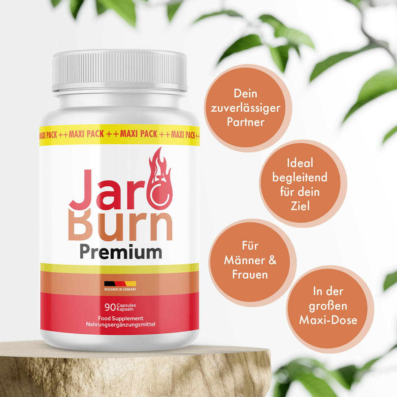 Weiße Dose Jaro Burn Premium mit vier Infokreisen zu Produktmerkmalen und Angabe von 90 Kapseln