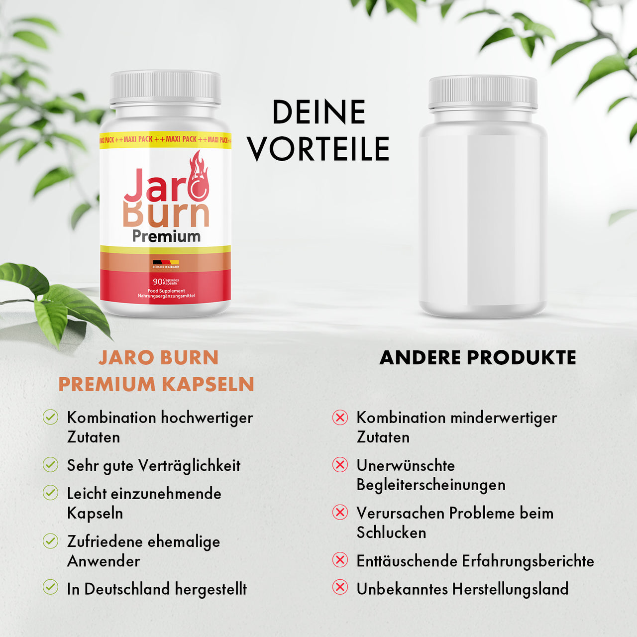 Jaro Burn Premium wird einer neutralen Dose mit Listen zu Vorteilen und Nachteilen gegenübergestellt