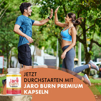 Thumbnail for Zwei Personen geben sich ein High Five im Park neben Jaro Burn Premium und sichtbarem Werbetext