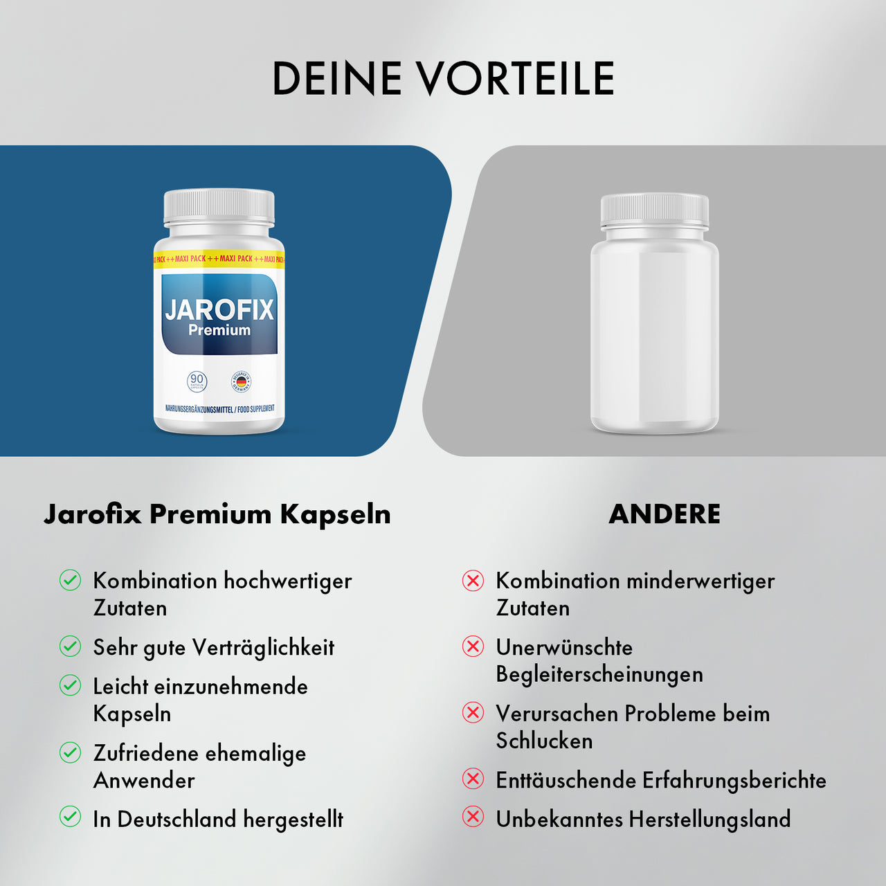 Infografik zu Jarofix Premium Kapseln mit Vorteilen gegenüber anderen Nahrungsergänzungen