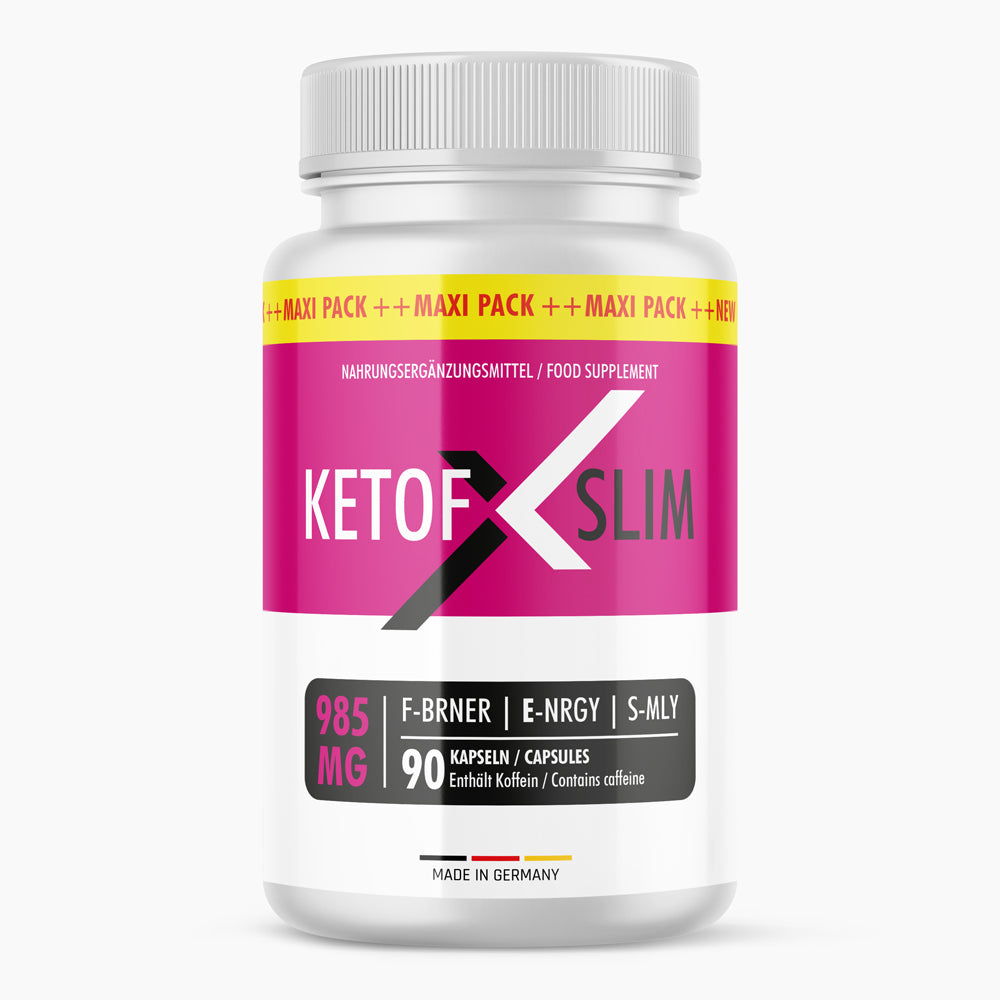 Weiße Kunststoffdose mit pinkem Etikett, Aufschrift KETOFX SLIM und 90 Kapseln