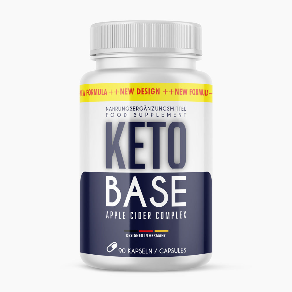 Dose mit Etikett in Weiß und Dunkelblau, Aufdruck KETO BASE Apple Cider Complex, 90 Kapseln