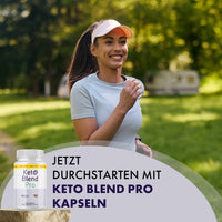 Thumbnail for Keto Blend Pro mit 90 Kapseln vor einer joggenden Frau; Werbespruch „Jetzt durchstarten“