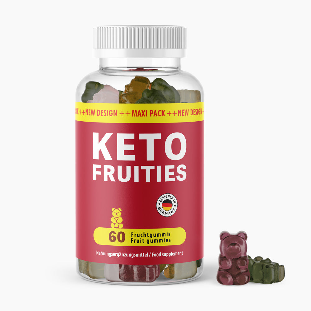 Dose mit rotem Etikett KETO FRUITIES, 60 Fruchtgummis und sichtbare Gummibärchen daneben