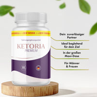 Thumbnail for Dose Ketoria Premium auf Holzpodest mit vier sichtbaren Produktmerkmalen für Männer und Frauen