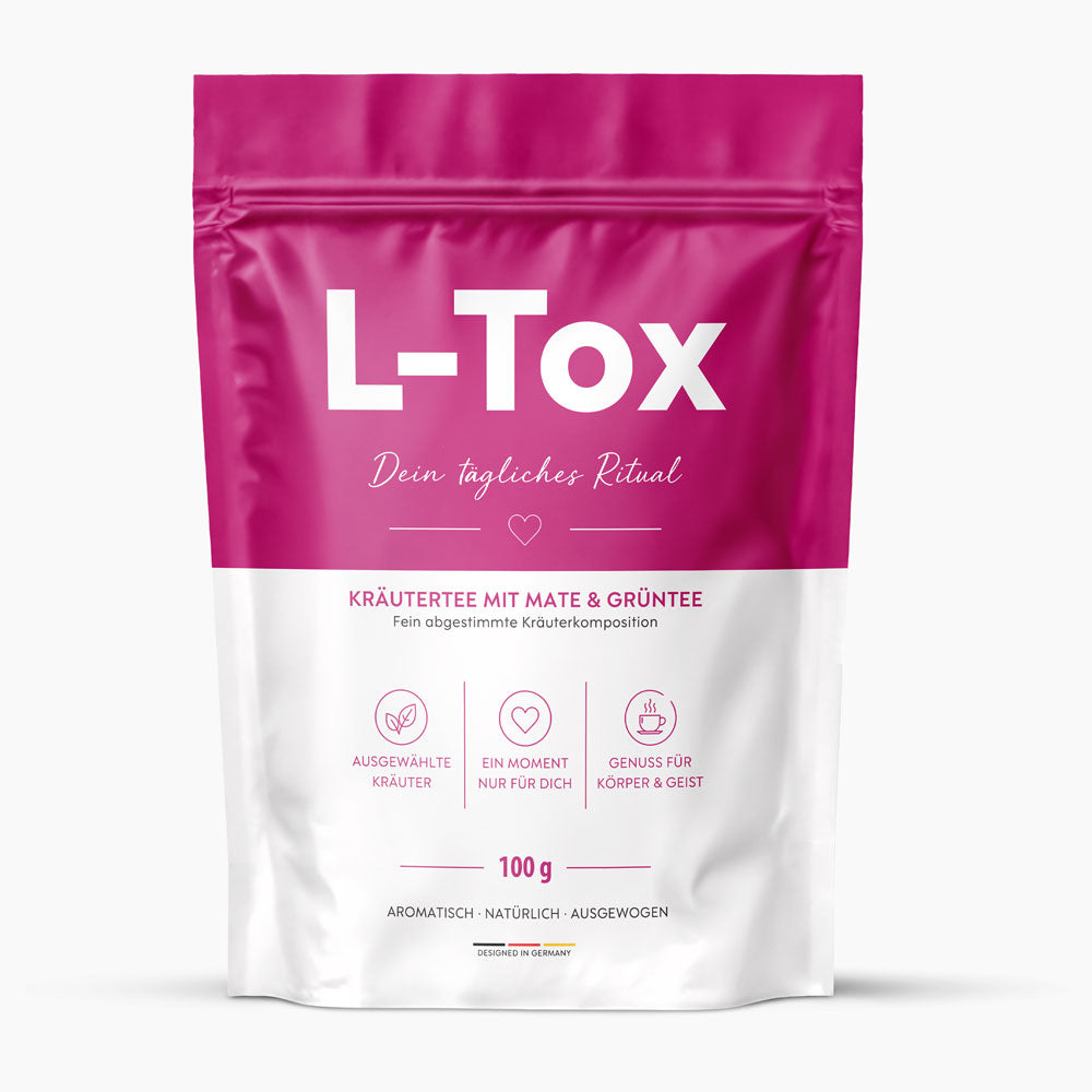 L-Tox Kräutertee mit Mate und Grüntee in pink-weißem Standbeutel mit 100 g Inhalt